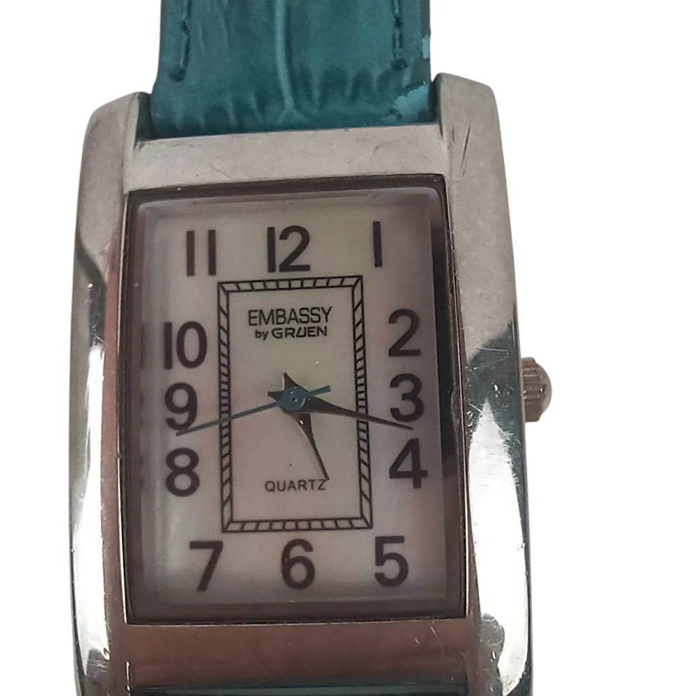 Gruen Embassy Silver Tone Watch Turquoise Teal Leather Band New Battery